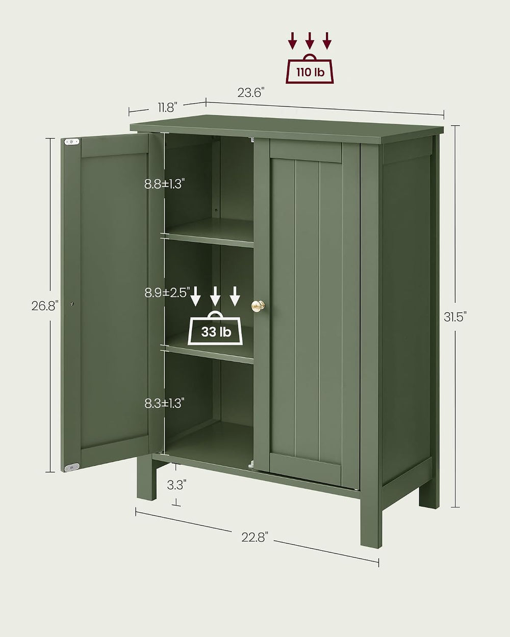 VASAGLE Bathroom Floor Storage Cabinet, 2 Adjustable Shelves, Forest Green