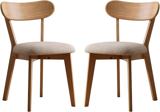 100% Solid Oak Dining Chairs, Mid Century Modern Dining Chair with Curved Backrest, Fabric Upholstered Dining Chairs for Kitchen, Study, Living Room (2, Original Wood-Gray Cushion)
