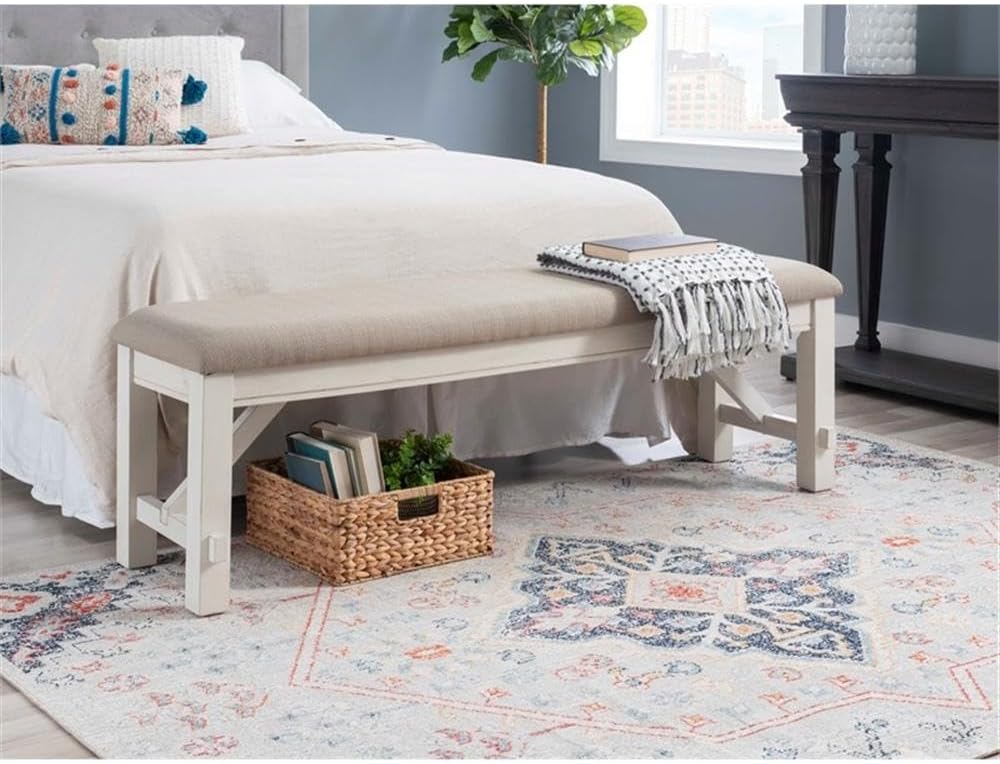 Pemberly Row 60" Wood/Fabric Bench, Smokey White Finish, Beige Upholster...