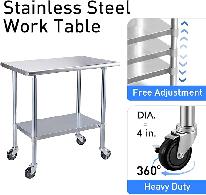 ROCKPOINT Stainless Steel Table for Prep & Work with Caster Wheels 14x72 Inches, NSF Metal Commercial Kitchen Heavy Duty Table with Adjustable Under Shelf and Table Foot for Restaurant, Home and Hotel