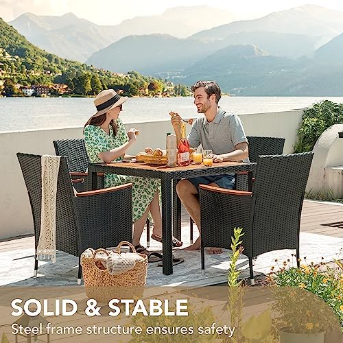 Devoko 5 PCS Acacia Wood Patio Dining Set, Black Rattan