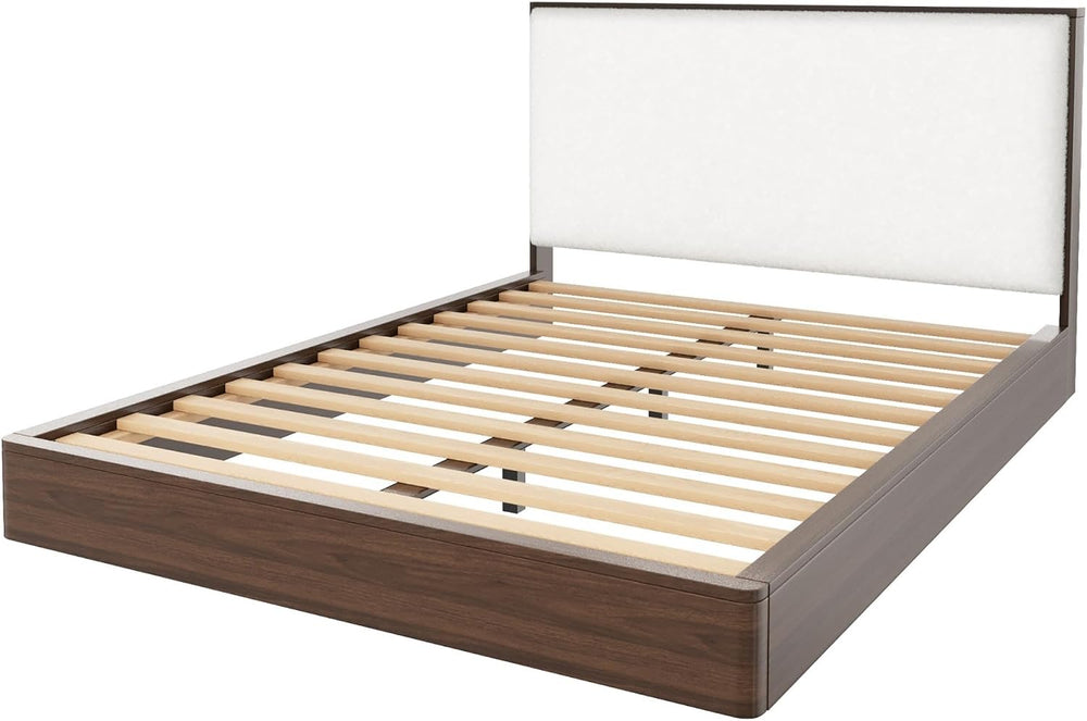 Merax Queen Platform Bed Frame with Bouclé Upholstered Headboard, Solid Wood ...