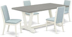 East West Furniture V097LA015-5 5 Piece Modern Dining Table Set Includes a Rectangle Wooden Table with V-Legs and 4 Baby Blue Linen Fabric Upholstered Chairs, 40x72 Inch, Multi-Color