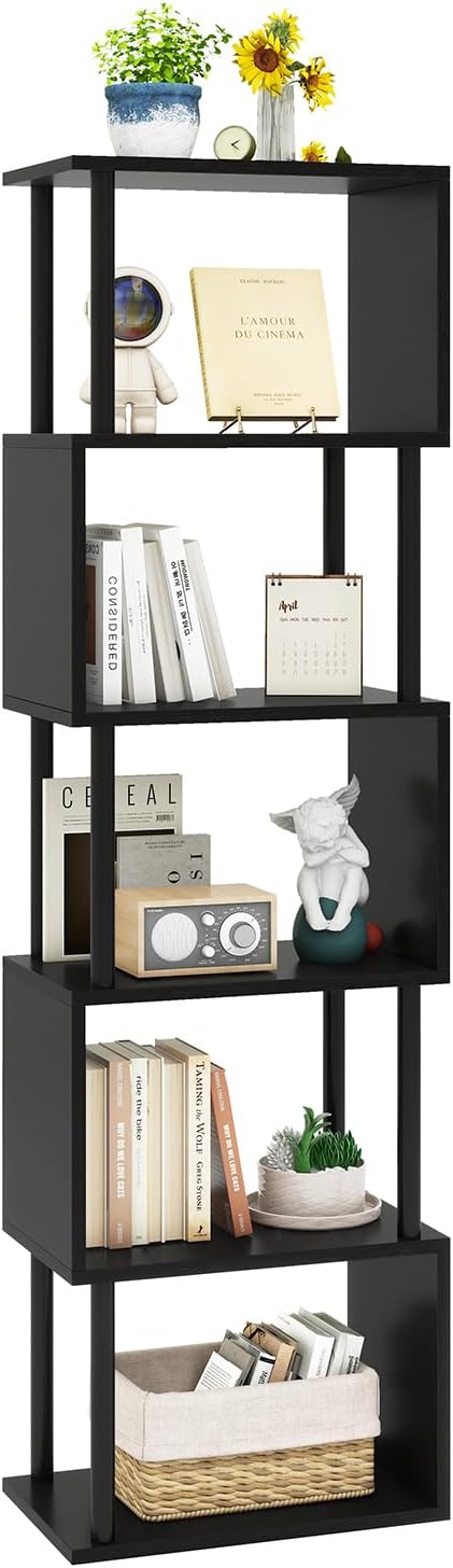 IBUYKE 6-Tier Tall Bookshelf,S-Shaped Geometric Bookcase, Wood Display Shelve...