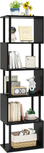 IBUYKE 6-Tier Tall Bookshelf,S-Shaped Geometric Bookcase, Wood Display Shelves with Storage,Modern Bookshelf for Living Room Bedroom, Home Office, Black WBC016B