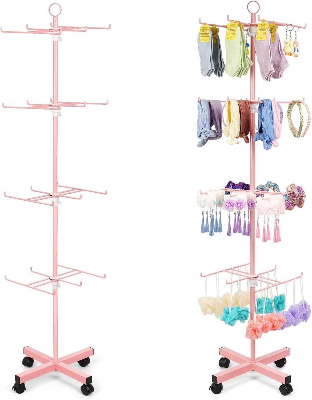 Retail Display Stand Rotating Display Stand 4 Tier Spinning Display Stand for Craft Shows, Jewelry, Keychain, Earring Adjustable Height Retail Display Racks (Pink)