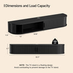 55" Floating TV Stand with Power Outlet for TVs up to 65", Fluted Entertainment Center with Remote Control for LED Lights, Mid-Century Modern TV Console w/Sliding Door for Living Room, Bedroom Black