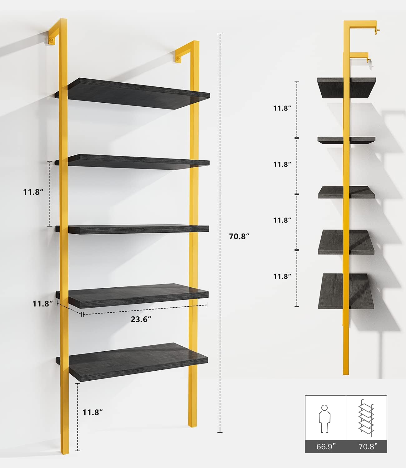 5-Tier Ladder Shelf, Industrial Wall Mounted Bookshelf, Narrow Ladder Bookcase with Wood Board and Metal Frame, Open Display Shelf for Living Room, Bedroom, Office, Black and Gold