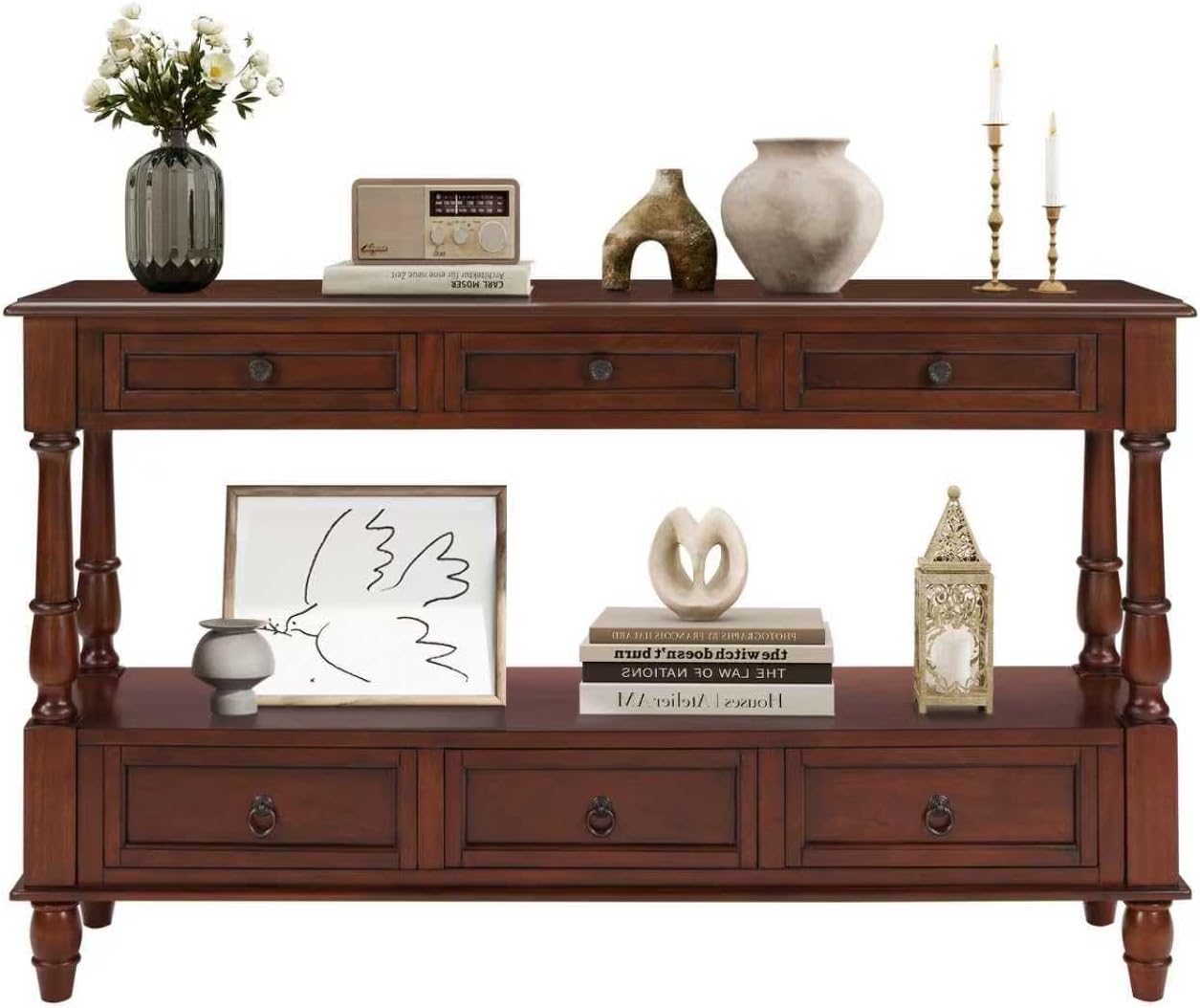 LKTART 54'' Solid Wood Console Table, Farmhouse Entryway Table with 6 Drawers and Shelf, Narrow Long Sofa Table with Storage for Living Room Hallway, Couch, Foyer (Cherry)