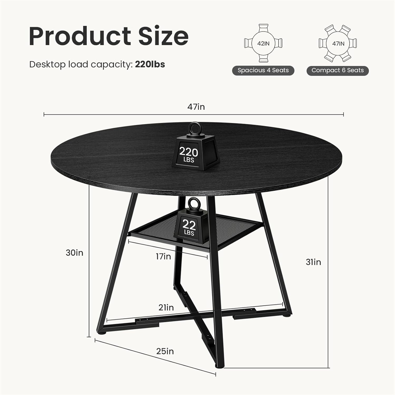 DUMOS 47" Round Dining Table for 4-6, Space Saving Kitchen Table with Dual-Tier Storage, Pedestal Metal Frame, Industrial Farmhouse Circle Dinner Table for Apartment, Black