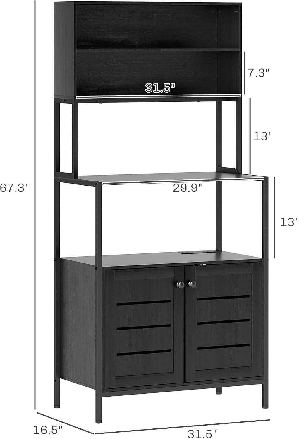 HOMCOM Kitchen Bakers Rack with Power Outlet, Coffee Bar Cabinet, Black | Microwave Stand, Storage Shelves, Louvred Door Cabinets, 31.5" x 16.5" x 67.3"