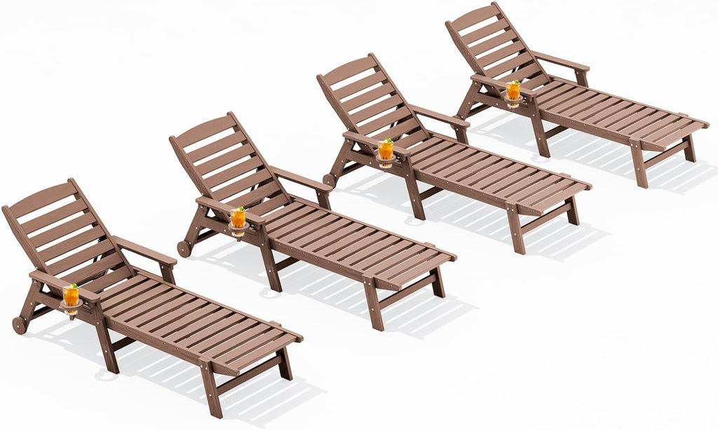 SERWALL HDPE Outdoor Lounge Chair Set of 4 with Cup Holder, Brown | with 5 Position Adjustable Backrest & Rolling Wheels