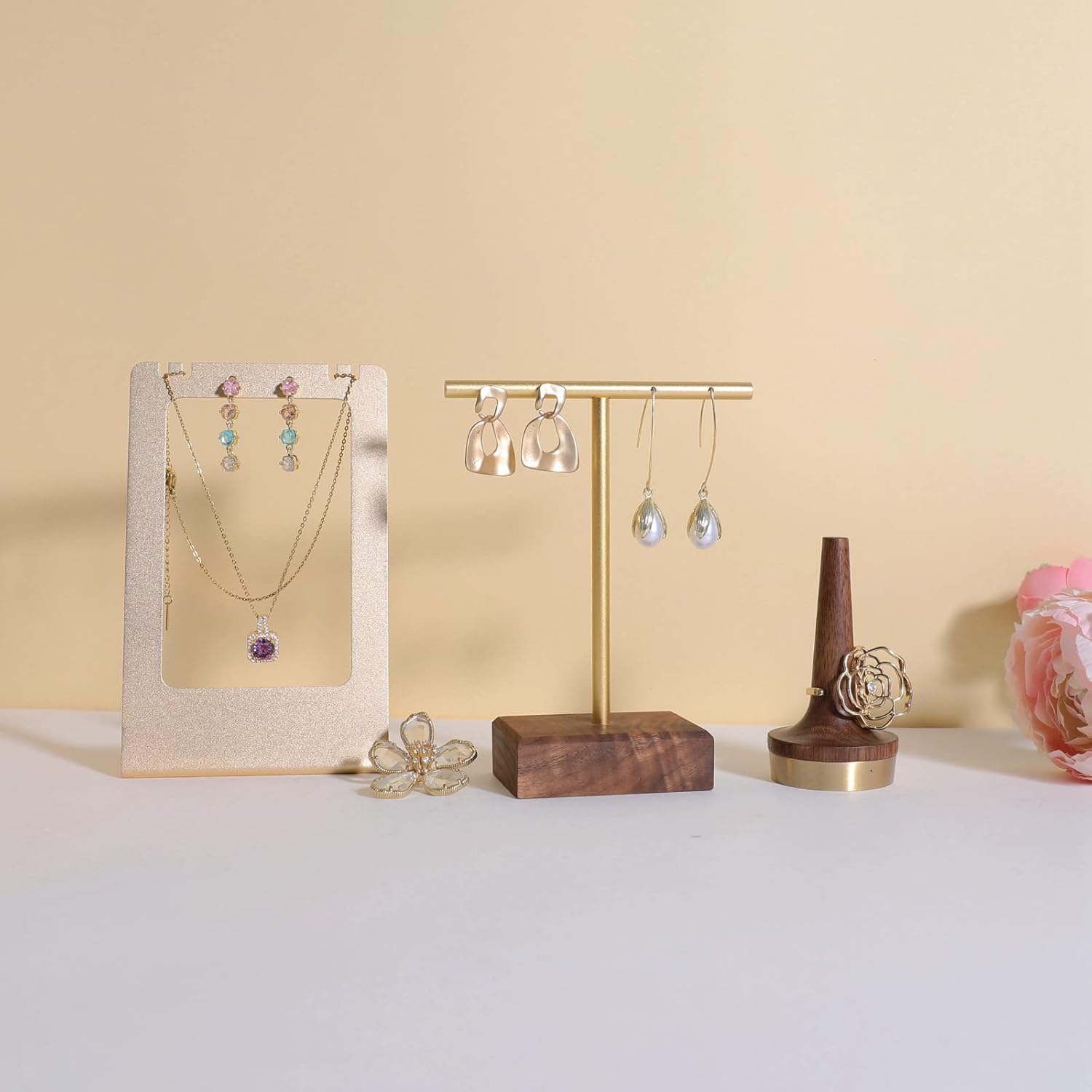 GemeShou earrings T display stands for selling, small earring holder jewelry stand with 4 holes on bar, wood earring hanger for boutique display【Walnut】
