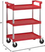 Red Utility/Bussing Cart with Three Shelves - 32" x 16"