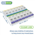 EZY DOSE Weekly (7-Day) Pill Organizer, Vitamin Container, and Daily Medicine Planner, 2X-Large Push Button Compartments, Arthritis Friendly, Easy to Use, 4 Times a Day, Clear Lids, BPA Free