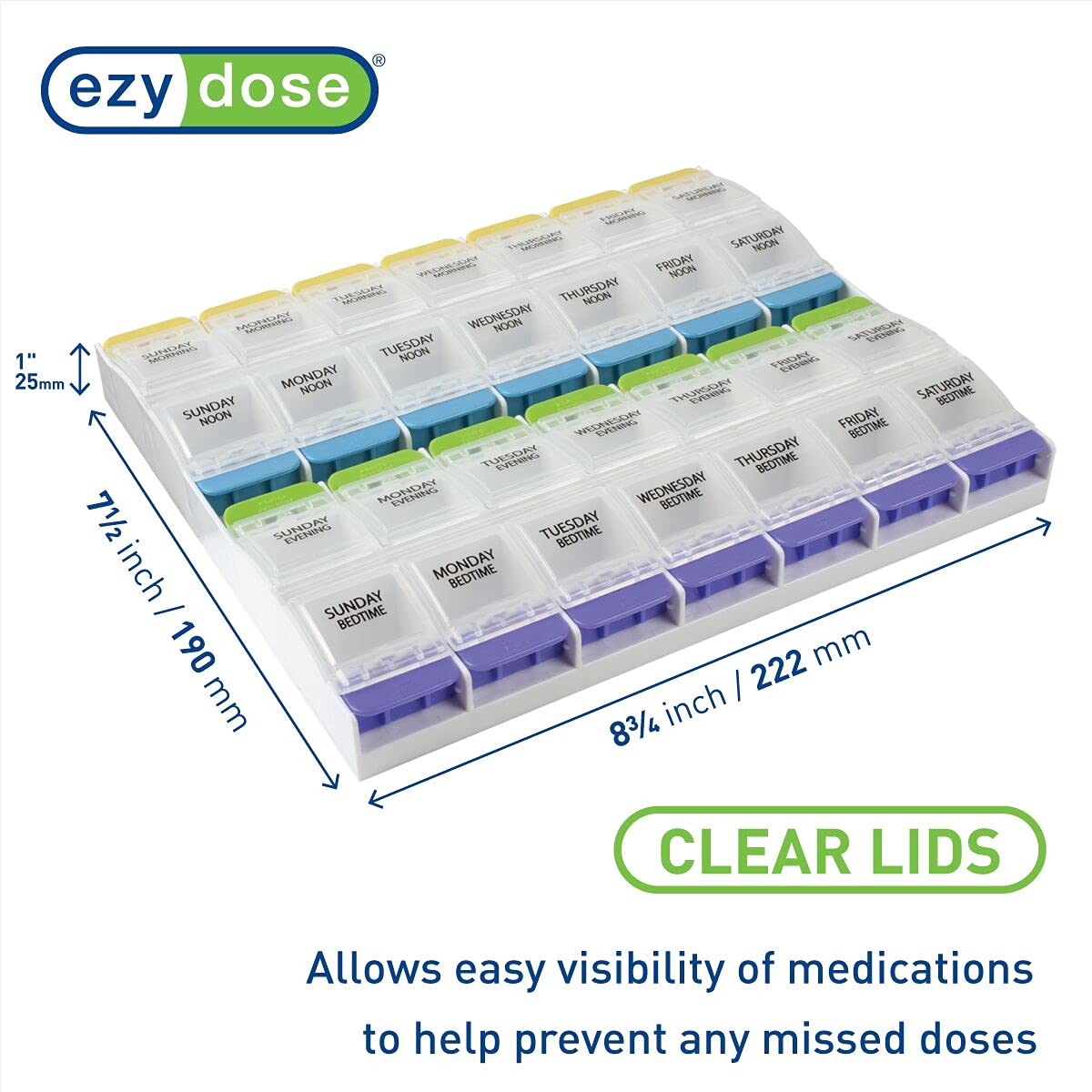 EZY DOSE Weekly (7-Day) Pill Organizer, Vitamin Container, and Daily Medicine Planner, 2X-Large Push Button Compartments, Arthritis Friendly, Easy to Use, 4 Times a Day, Clear Lids, BPA Free