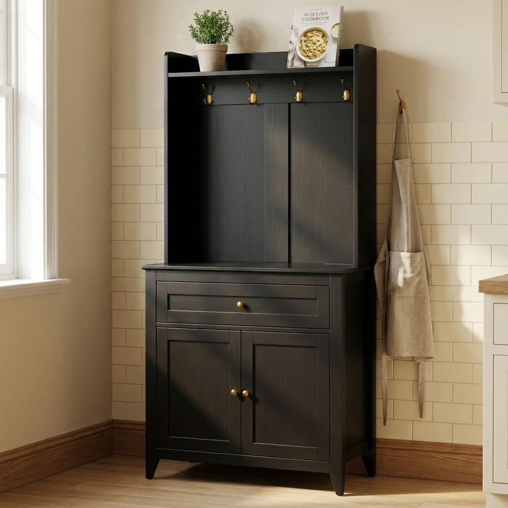 Garvee Pantry Cabinet with 4 Hooks, Kitchen Pantry Cabinet, Coffee Bar Table ...
