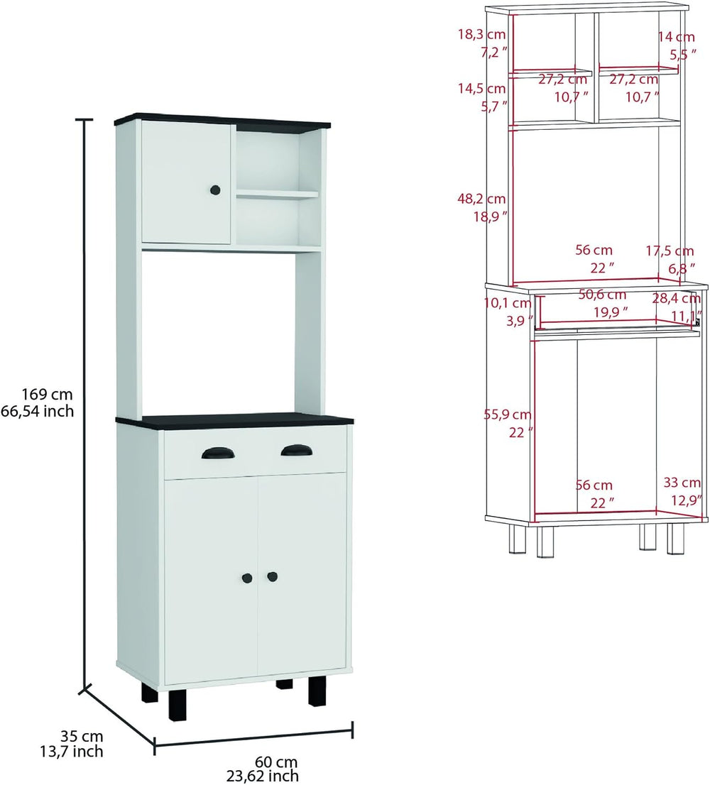 Pantry Sideboard Kitchen Cupboard with 2 Cabinets, 2 Open Shelves and Drawer,...