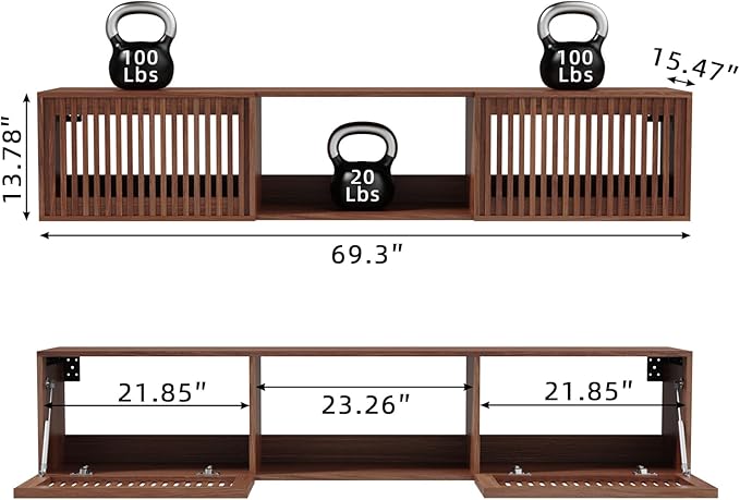 HOMMPA Floating TV Stand Wall Mounted for TVs 55'' to 80'', Floating Entertainment Center with Slatted Door Design, Mid Century Wall Mounted TV Stand for Livingroom, Walnut