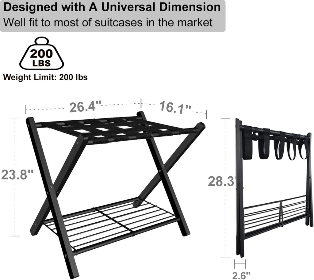 Folding Luggage Rack for Guest Room, Metal Foldable Suitcase Stand Holder with Metal Shelf for Bedroom, Black, 1 pack