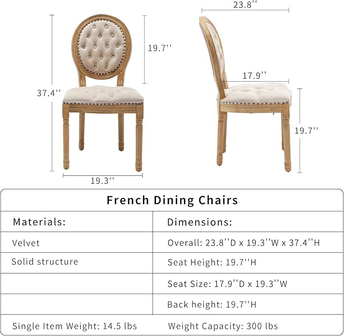 French Country Dining Chairs Set of 6, Beige Kitchen & Dining Room Chairs, Velvet Kitchen Chairs, Tufted Upholstered, Wood Legs, Sillas De Comedor (Velvet, Beige, 6 Pcs)