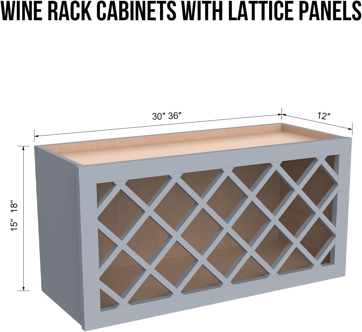 Solid Wood RTA Wine Bottle Rack Wall Cabinet with Lattice Panels Wine Holder Wine Storage Cabinet for Bar, Pantry, Wine Cellar Basement Countertop Mocha (Gray, 30”W × 12”D × 15”H), Sk-grey