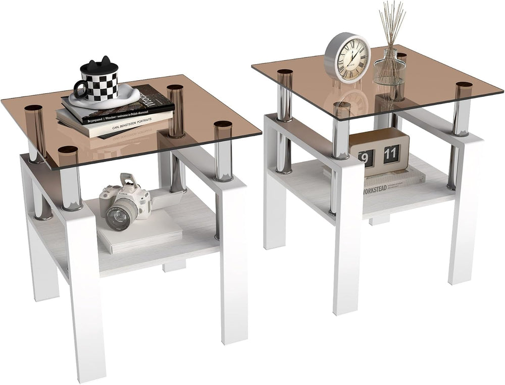 Set of 2 Glass End Table, 2-Layer Glass Living Room Table, Modern Tea Table S...