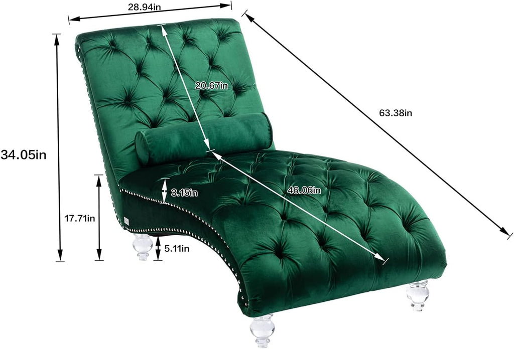 Velvet Chaise Lounge Chair with Toss Pillow, Modern Tufted Button Lounge Chair with Acrylic Legs, Upholstered Indoor Sleeper Chair for Living Room, Bedroom, Emerald Green