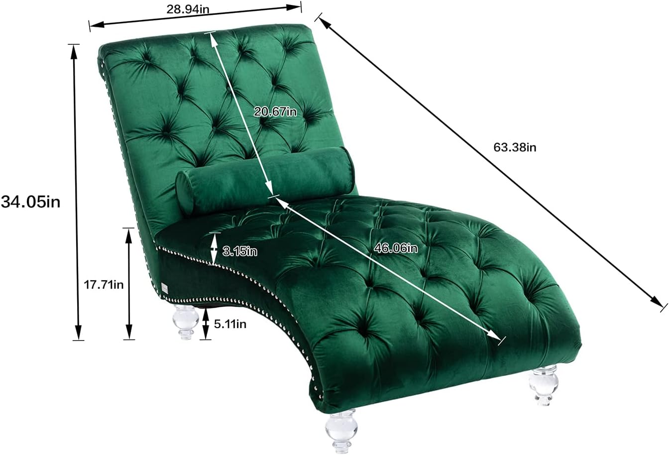 Velvet Chaise Lounge Chair with Toss Pillow, Modern Tufted Button Lounge Chair with Acrylic Legs, Upholstered Indoor Sleeper Chair for Living Room, Bedroom, Emerald Green