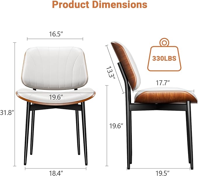 Dining Chairs Set of 4, Dining Room and Kitchen Chairs, FSC Certified Mid Century Modern Accent Chair, Upholstered PU Leather Chairs for Vanity with Walnut Bentwood and Metal Legs, White