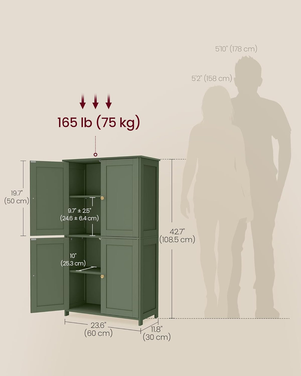 VASAGLE Floor Storage Cabinet, 2 Adjustable Shelves, 4 Doors,42.7" H