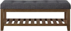24KF Large Rectangular Upholstered Tufted Linen Fabric Ottoman Bench, Padded Bench with Solid Wood Shelf-Charcoal