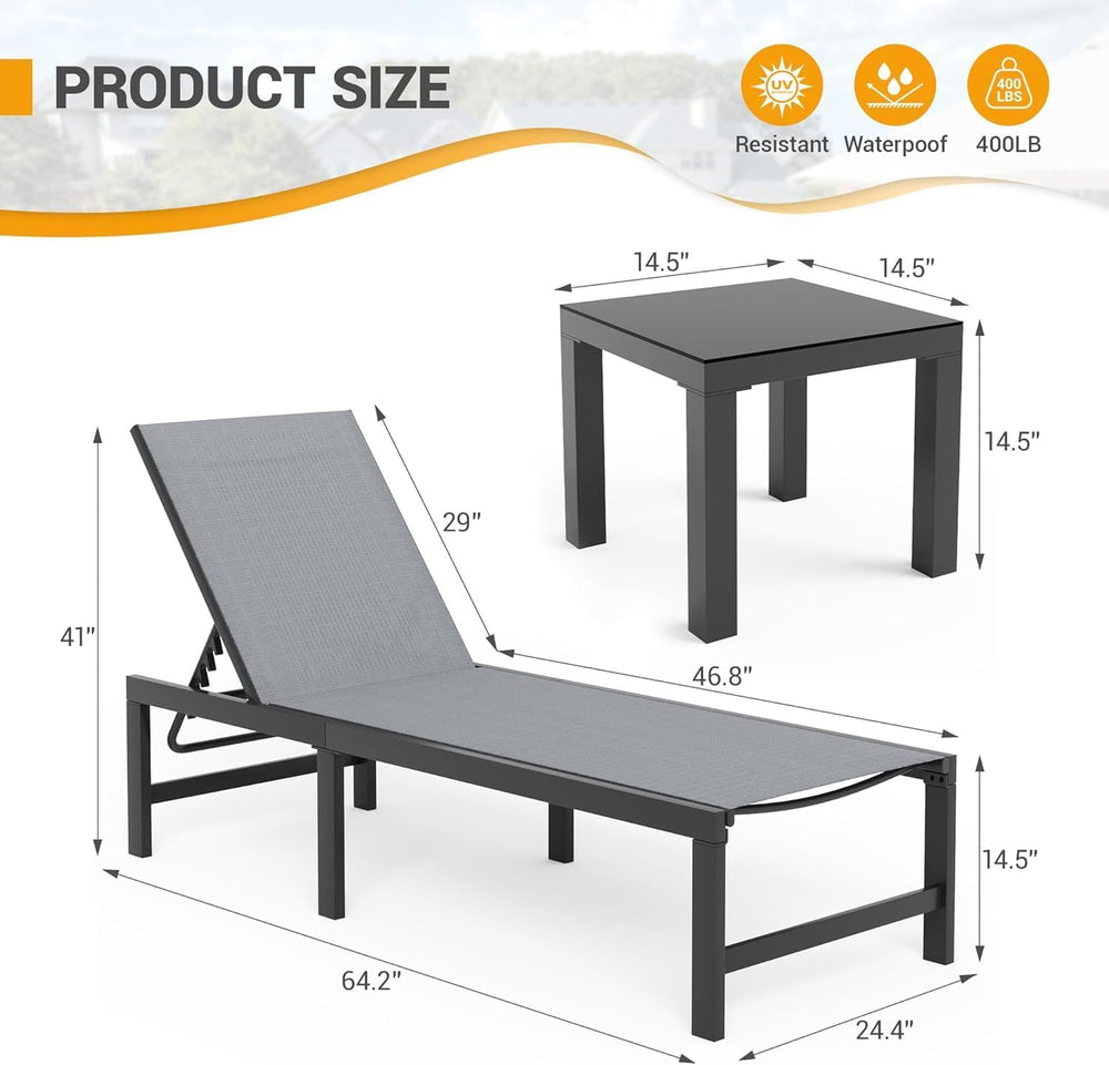 UDPATIO 3 Pieces Pool Lounge Chair Outdoor Chaise Chairs w/Table Adjustable 5...
