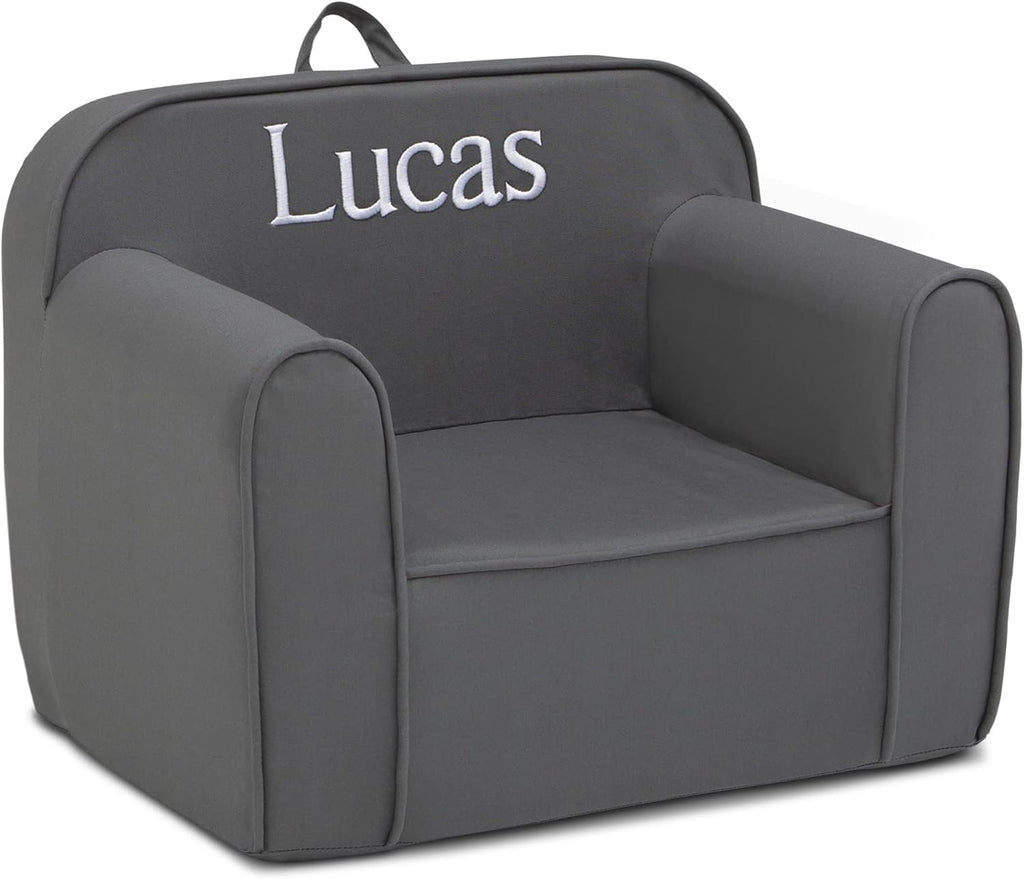 Delta Children Personalized Cozee Chair – Customize with Name – Foam Kids Chair for Ages 18 Months and Up, Dark Grey