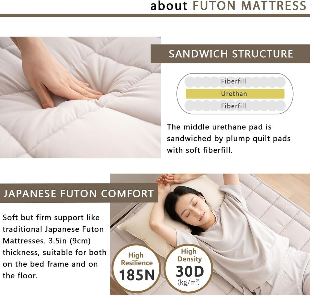 EMOOR Japanese Futon Mattress & Wood Slatted Bed Set Machi-OSMOS Twin (Ea...