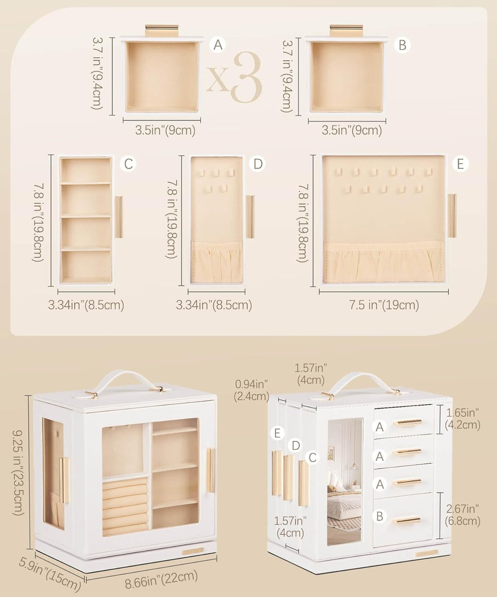 Homde Christmas Gifts Jewelry Box 360° Rotating, Necklace Earring Organizer with Transparent Window, Mirror, 7 Drawers, Large Ring Display Storage Case for Girls Women (White)