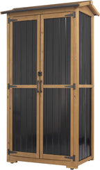 Outdoor Storage Cabinet, Wood & Metal Garden Cabinet with 3 Adjustable Shelf, Weather-Resistant Roof, Lockable Doors & Adjustable Feet for Patio, Garden, Farm (33" L x 21" W x 69" H)