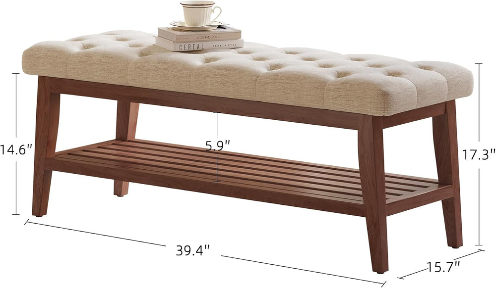 LEILISI Entryway Bench with Storage, Linen Upholstered Bench(Beige, 39.4'...