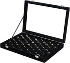 Ring Organizer for Jewelry, Ring Holder Box with Clear Lid, Dustproof Velvet Rings Display Tray Storage Case, 100 Slot Glass Top Jewelry Tray Drawer Insert for Multiple Rings Studs Earring (Black)