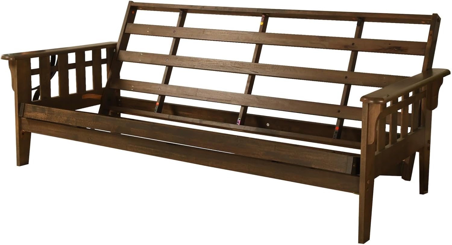 FutonX Rustic Walnut Frame and Mattress Set with Choice to add Drawers, 8 Inch Innerspring Futon Sofa Bed Full Size Wood (Grey Matt and Frame (No Drawers))