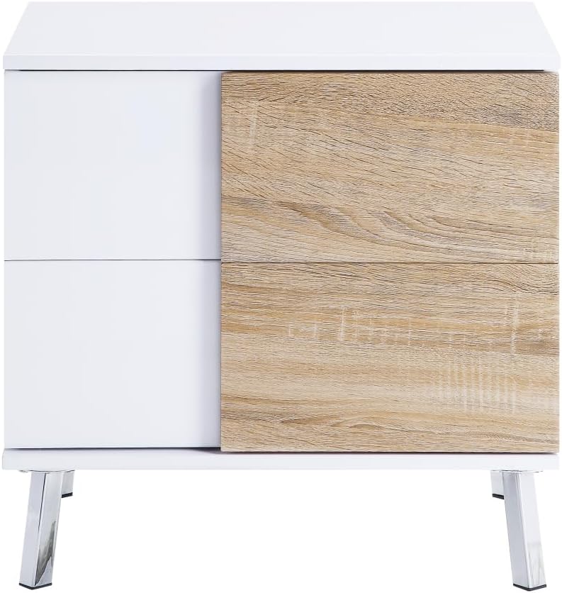 Verux White High Gloss End Table - 2 Storage Drawers, Chrome Flared Legs, Dur...