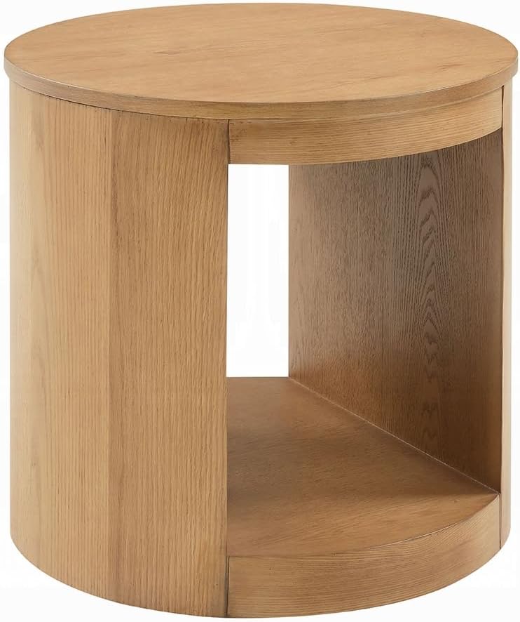 Benzara Sery Side End Table, 22 Inch Round Top with Open Lower Shelf, Oak Brown
