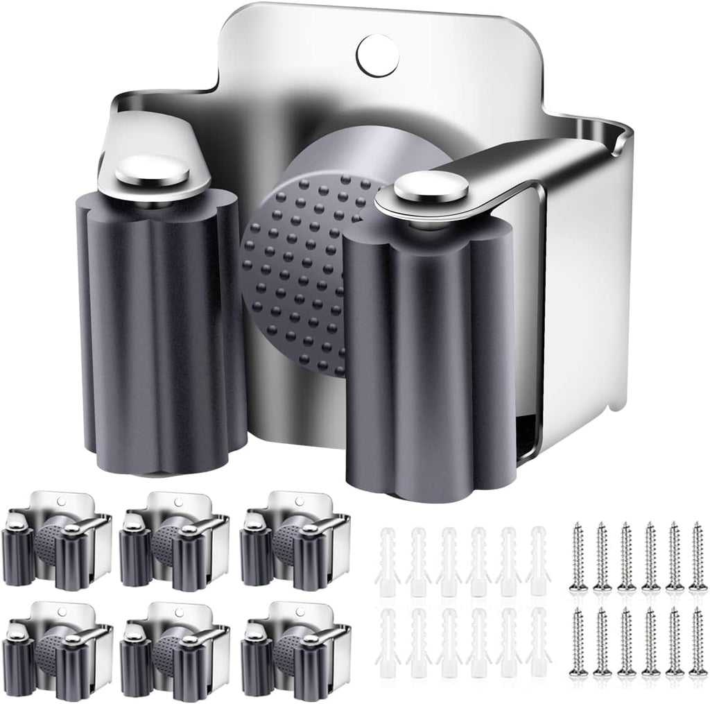Verdenu 6 Pack Broom Holder Wall Mount, Mop and Broom Holder Wall Mount, Stainless Steel Command Broom Holder with Screws, Garden Tool Storage Organizer for Kitchen, Home, Bathroom, Garage, Grey