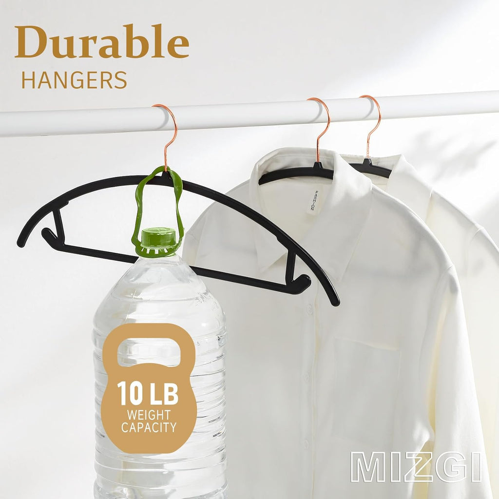 MIZGI Premium Plastic Hangers (Pack of 50) Heavyduty- Black No Shoulder Bump Suit Hangers - Space Saving Clothes,Rounded Hanger for Coat,Sweater,Jackets,Pants