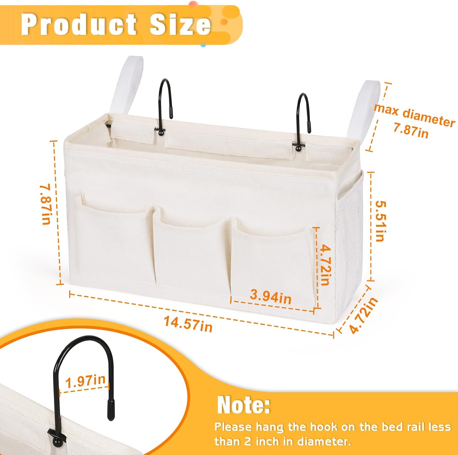 Bedside Caddy Storage Organizer with Fixed Straps and Water Bottle Holder for Home, College, Dorm, Bunk/Hospital/Crib Bed Rails, White