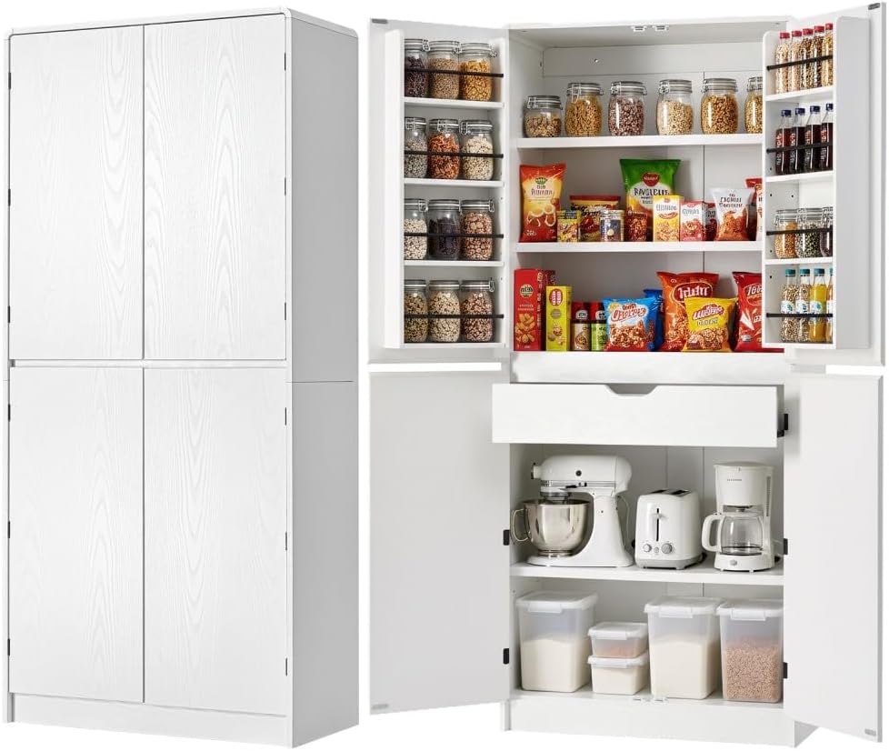 72" Tall Farmhouse Kitchen Pantry Cabinet, Curved Storage Cabinet with 3...