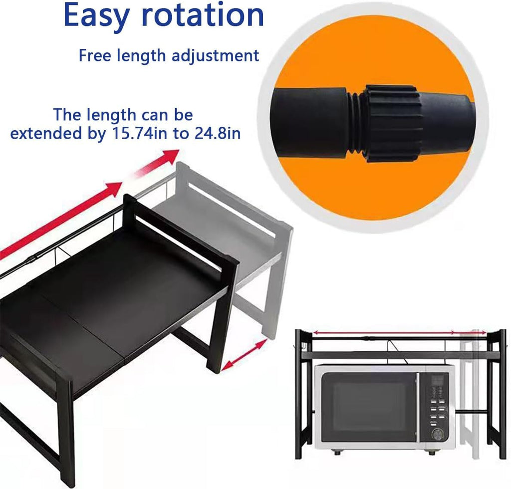 Extendable Microwave Oven Rack, 15.7~24.8" L Expandable Microwave Stand with Storage Shelf Heavy Duty with 6 Hooks and Chopsticks Cutting Board Holder for Kitchen Countertop