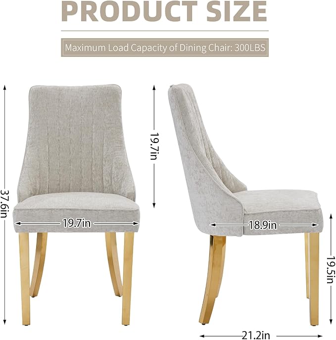 Dining Chairs Set of 2，Modern Channel Tufted Upholstered Dining Chairs with Golden Stainless Steel Legs, Comfortable Chenille Fabric Kitchen Chairs for Dining Room (Beige, 2pc)