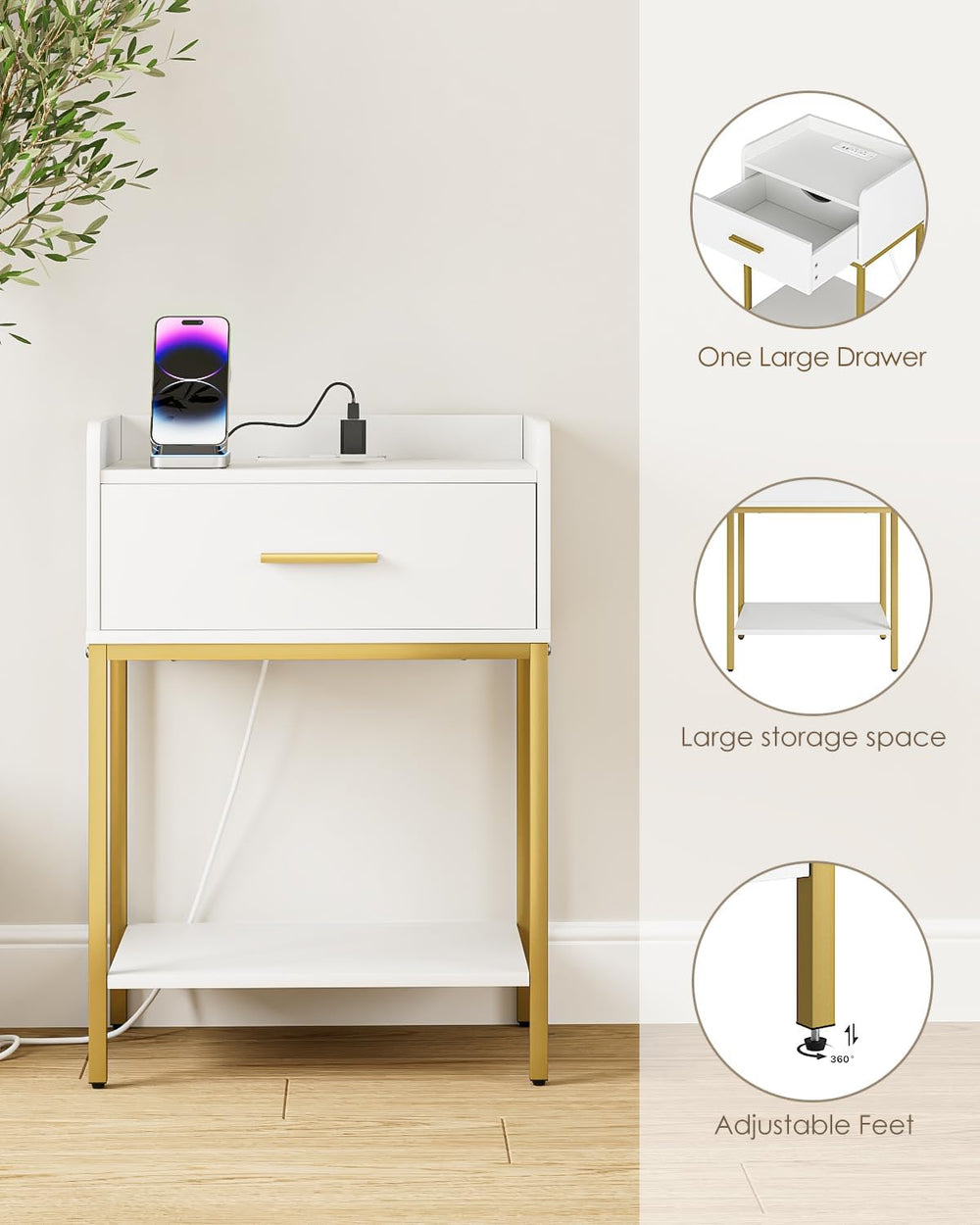 Nightstand with Charging Station, Modern Bedside Table with Drawer and Legs,W...