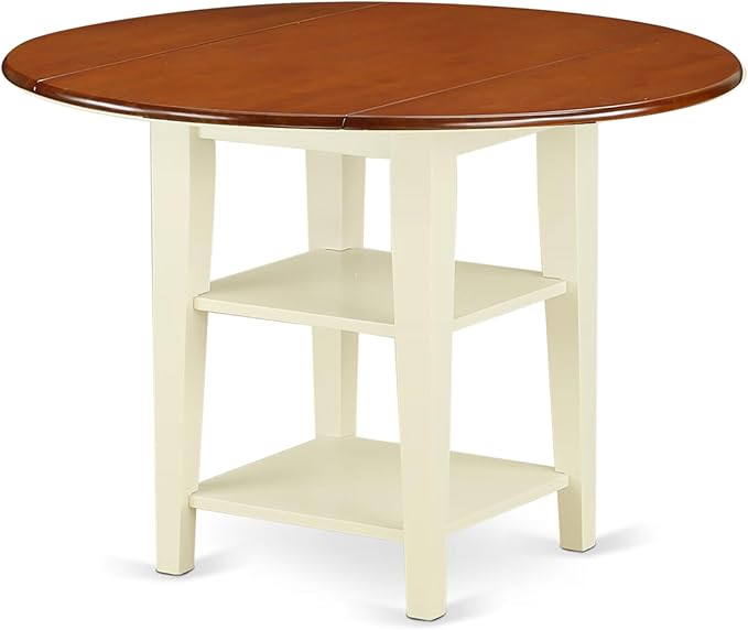 East West Furniture SUWE5-BMK-W 5 Piece Dining Table Set for 4 Includes a Round Kitchen Table with Dropleaf & Shelves and 4 Kitchen Dining Chairs, 42x42 Inch, Buttermilk & Cherry